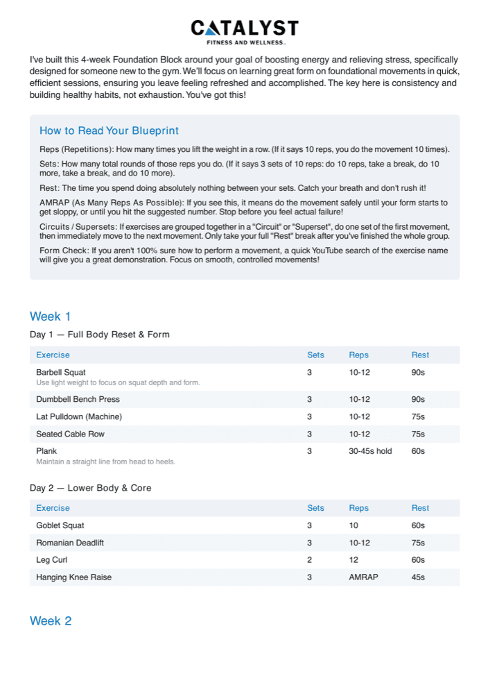 First page of a sample Catalyst program: a personal introduction, a guide to reading the plan, and week one laid out day by day